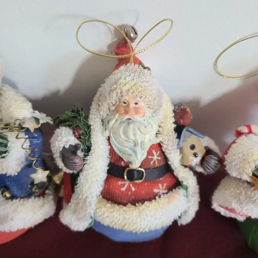 Vintage Fabric Mache Holiday Winter Christmas Ornaments Three Old World Santas